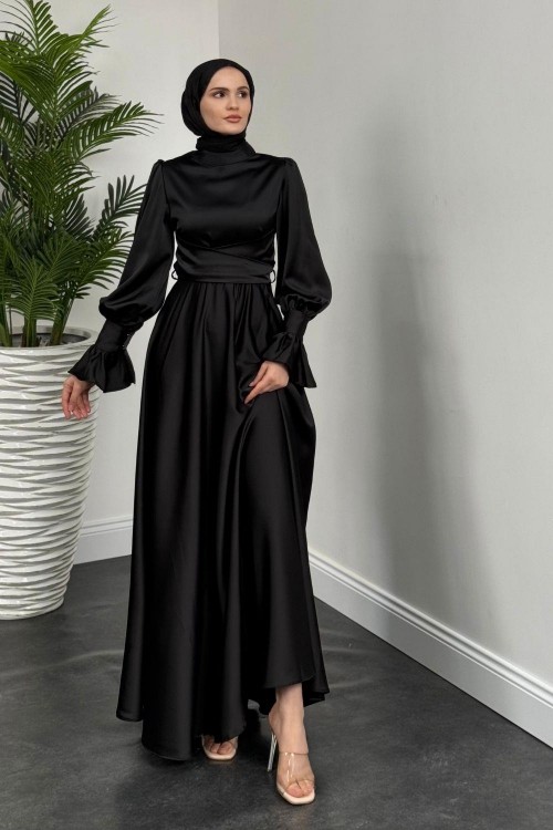 Belina Çapraz Kolları Fırfır Abiye Siyah