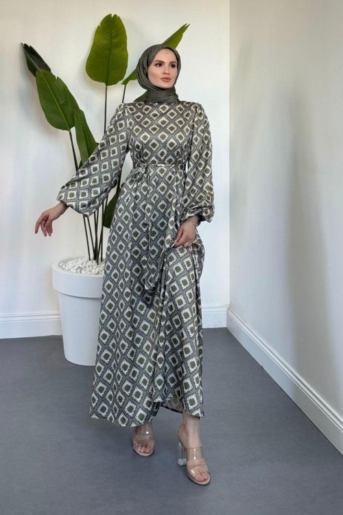 Belis Desenli Saten Elbise Haki