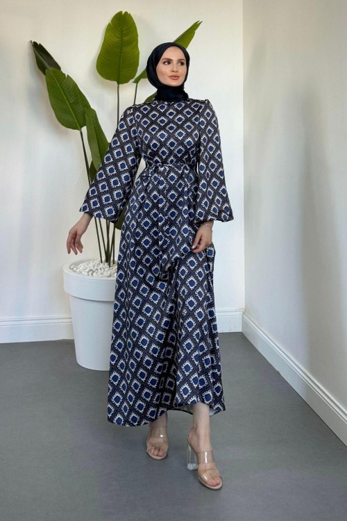 Belis Desenli Saten Elbise Lacivert