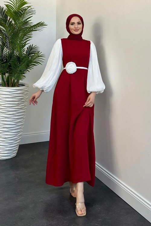 Belladia Gül Tokalı Elbise Kırmızı