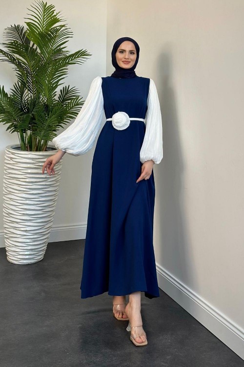 Belladia Gül Tokalı Elbise Lacivert