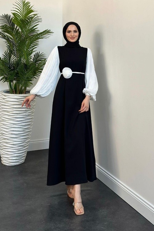 Belladia Gül Tokalı Elbise Siyah