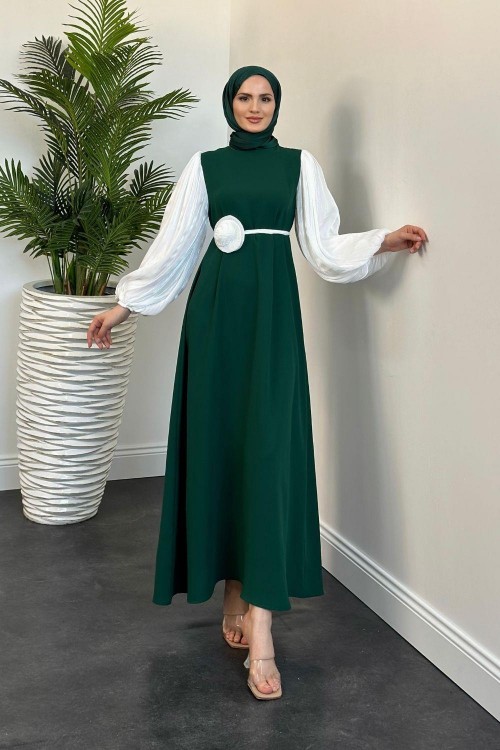 Belladia Gül Tokalı Elbise Zümrüt