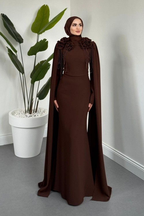 Bellavere Omzu Güllü Abiye Kahverengi