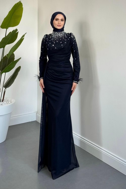 Belle Lune Taşlı Balık Abiye Lacivert