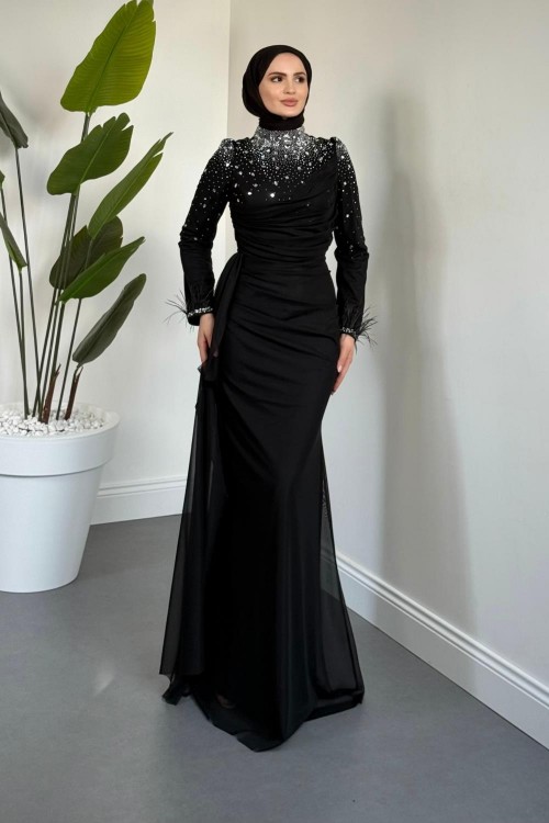 Belle Lune Taşlı Balık Abiye Siyah
