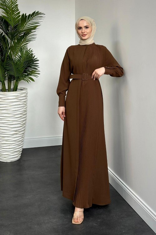 Belur Kemerli Krep Elbise Kahverengi