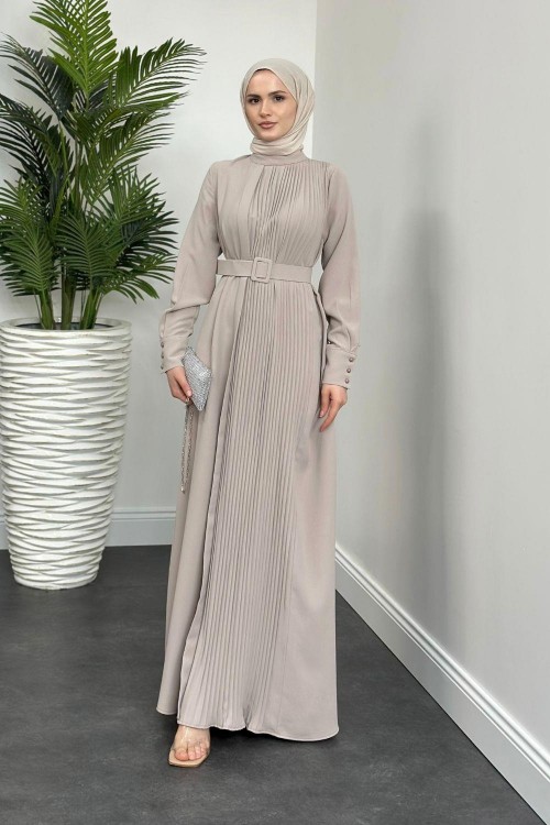 Belur Kemerli Krep Elbise Krem