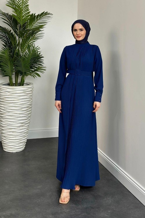 Belur Kemerli Krep Elbise Lacivert