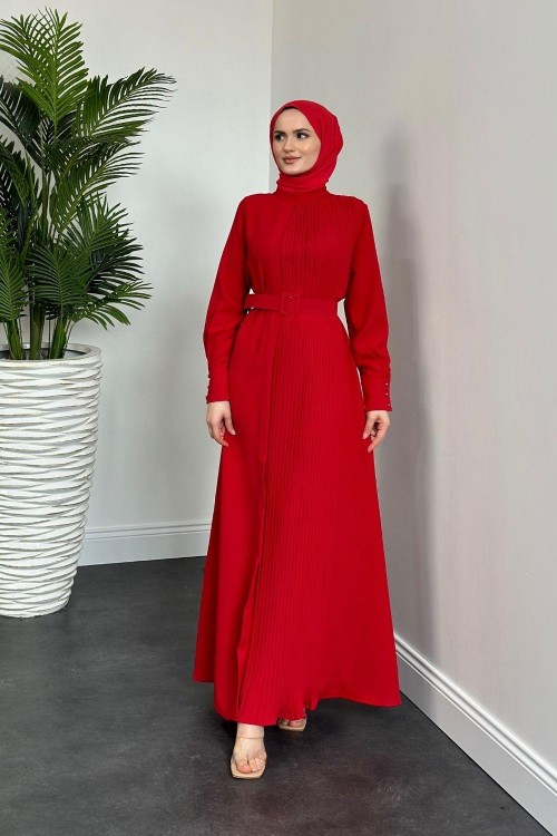 Belur Kemerli Krep Elbise Kırmızı