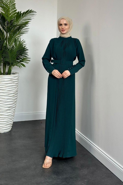Belur Kemerli Krep Elbise Petrol Yeşili
