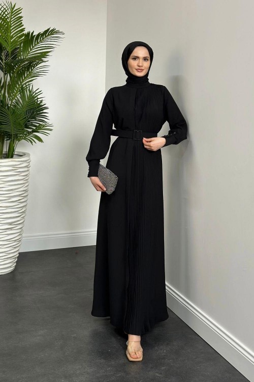 Belur Kemerli Krep Elbise Siyah