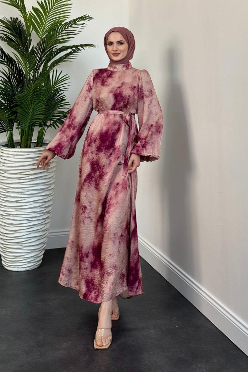 Benna Ebru Desen Balon Kol Elbise Fuşya