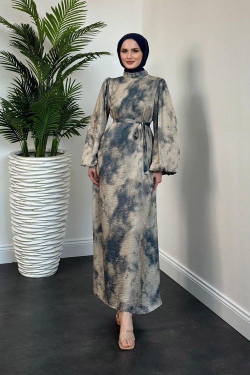 Benna Ebru Desen Balon Kol Elbise Lacivert