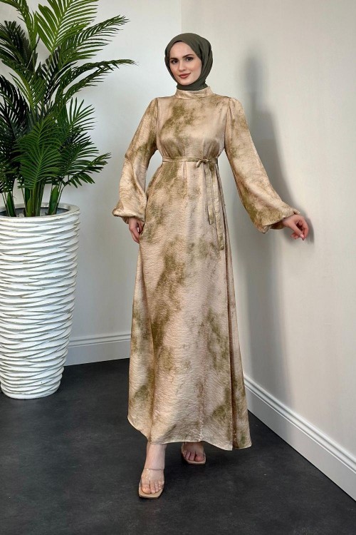 Benna Ebru Desen Balon Kol Elbise Yağ Yeşili