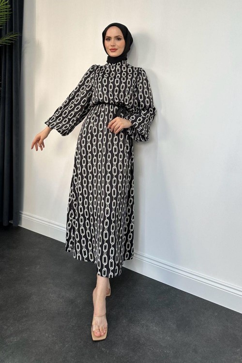 Bernatte Zincir Saten Elbise Siyah