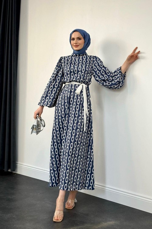 Bernatte Zincir Saten Elbise Mavi