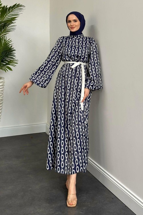 Bernatte Zincir Saten Elbise Lacivert