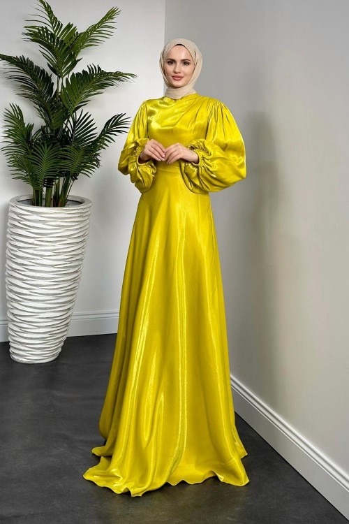 Bernelle Balon Kol Abiye Yağ Yeşili