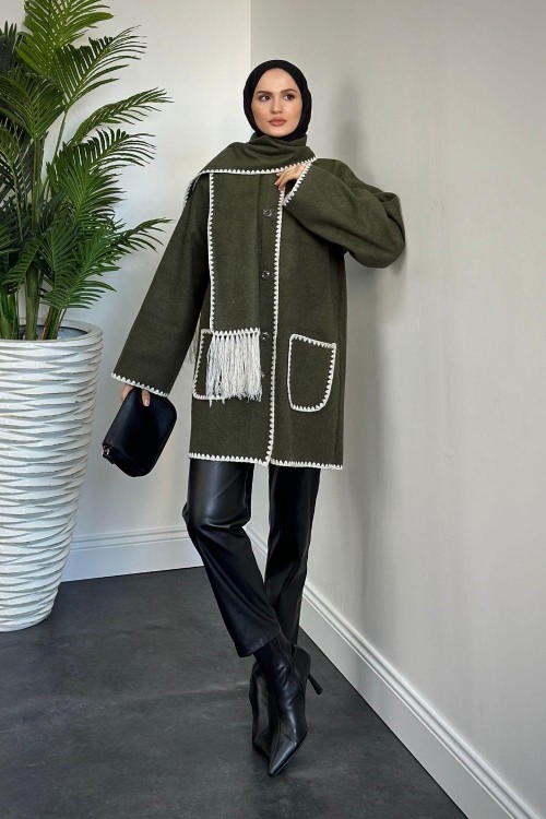 Biana Atkılı Düğmeli Kaşe Kaban Haki