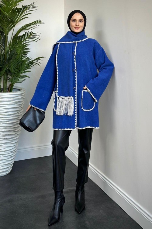 Biana Atkılı Düğmeli Kaşe Kaban Sax