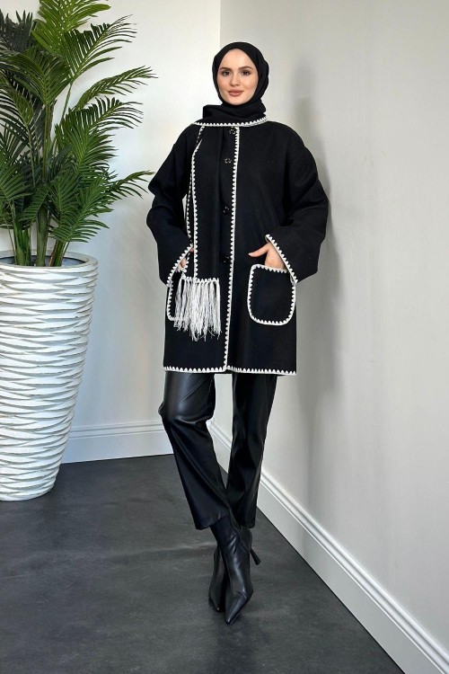 Biana Atkılı Düğmeli Kaşe Kaban Siyah