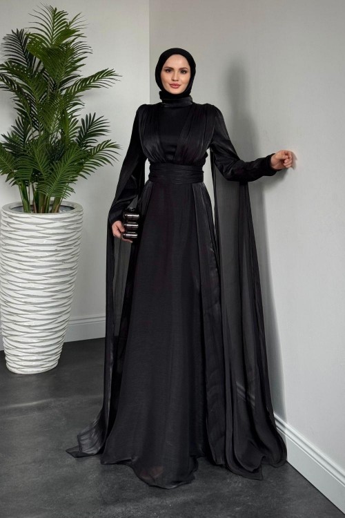 Bierne Pelerinli Janjan Abiye Siyah(KEMERSİZDİR)