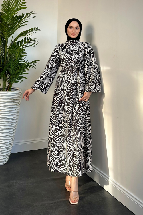 Billy Zebra Desen Balon Kol Elbise Siyah