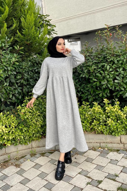 Bisiklet Yaka Robadan Elbise Gri