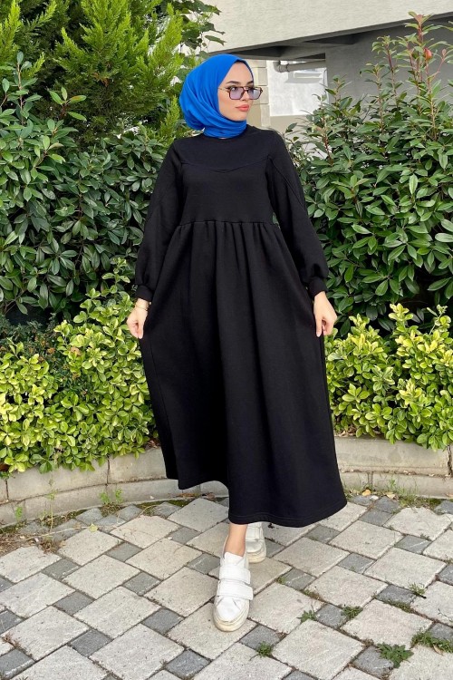 Bisiklet Yaka Robadan Elbise Siyah