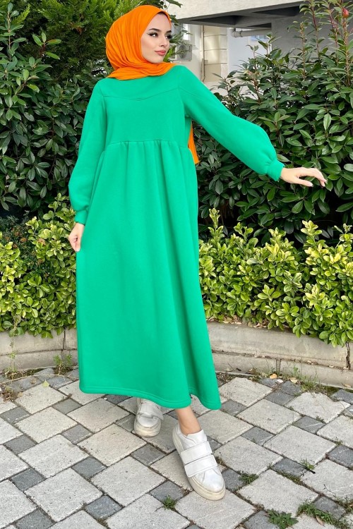 Bisiklet Yaka Robadan Elbise Yeşil