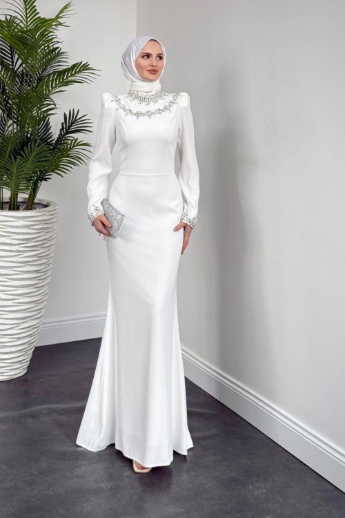 Bloom Kolu Ve Boynu Taşlı Abiye Beyaz