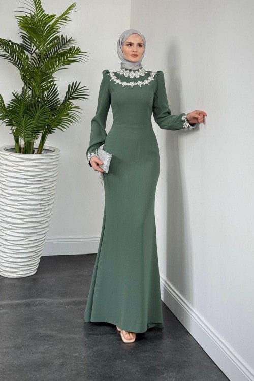 Bloom Kolu Ve Boynu Taşlı Abiye Çağla Yeşili