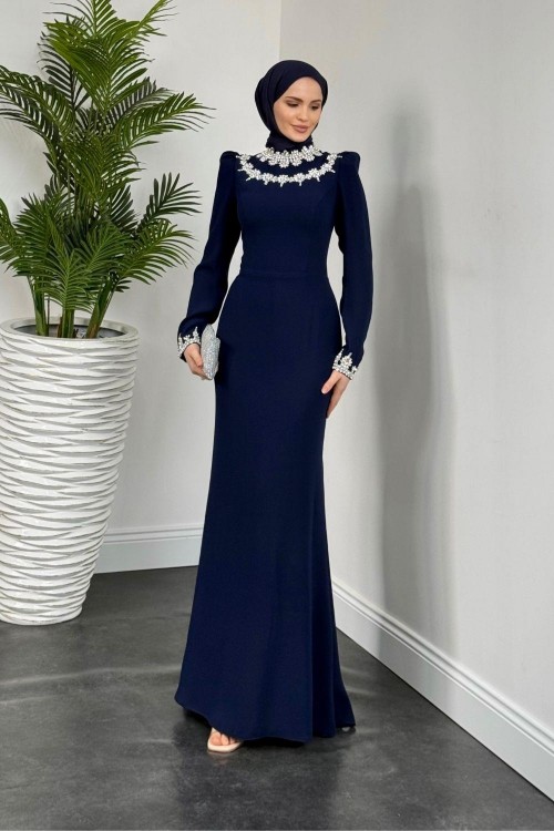 Bloom Kolu Ve Boynu Taşlı Abiye Lacivert