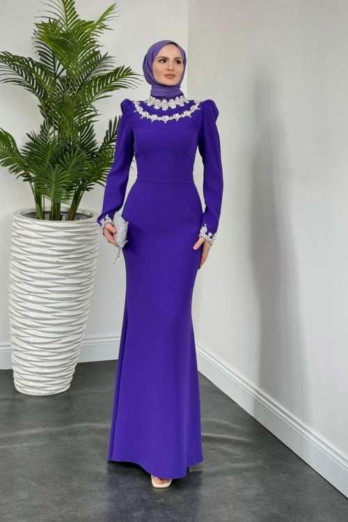 Bloom Kolu Ve Boynu Taşlı Abiye Mor