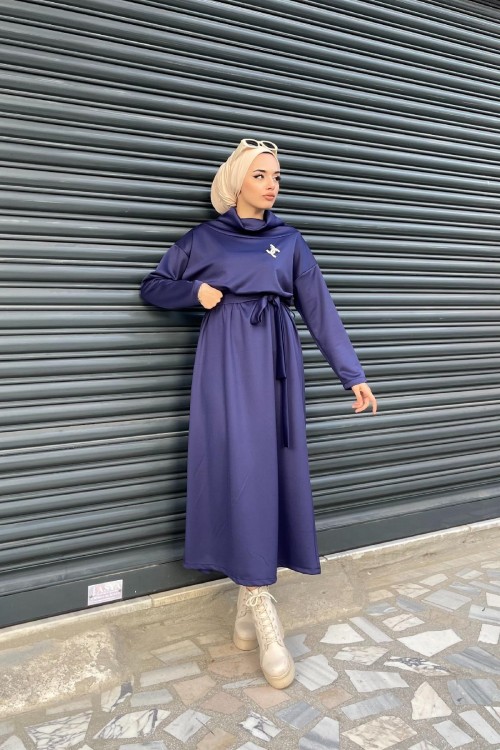 Boğazı Dökümlü Scuba Elbise Lacivert