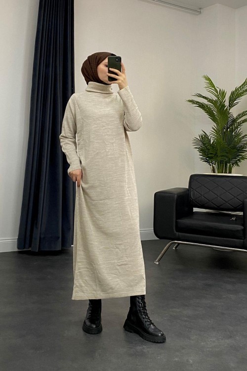 Boğazlı Triko Elbise Bej