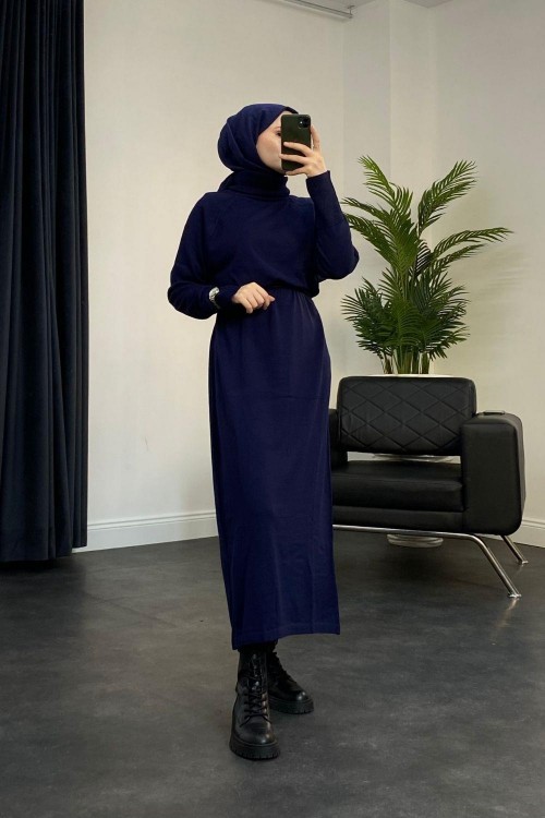 Boğazlı Triko Elbise Lacivert