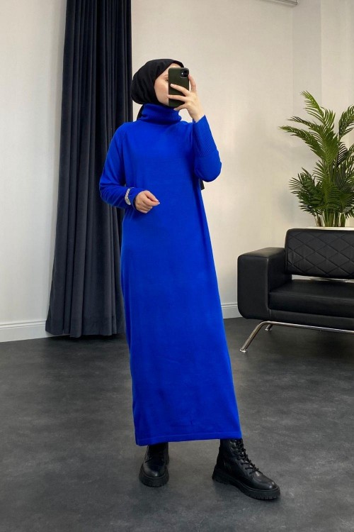 Boğazlı Triko Elbise Saks