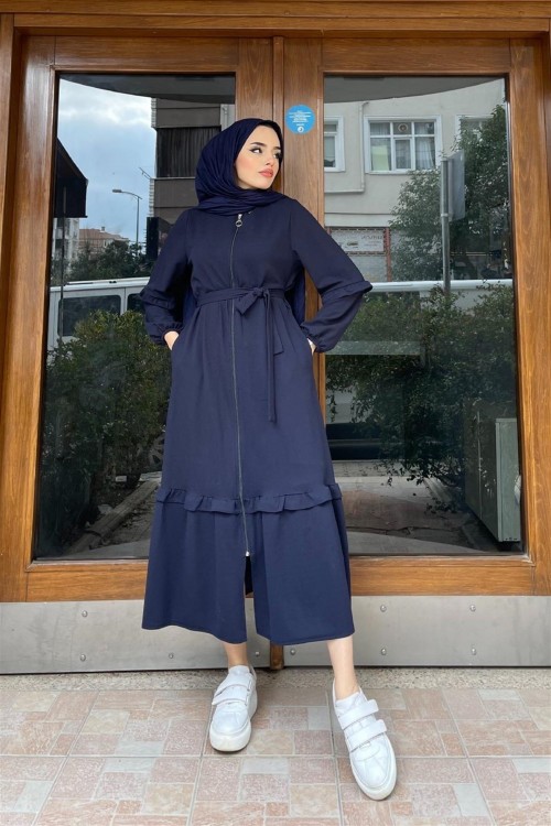 Boydan Fermuarlı Fırfırlı Kap Lacivert