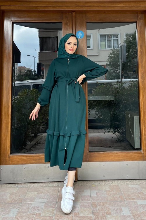 Boydan Fermuarlı Fırfırlı Kap Zümrüt