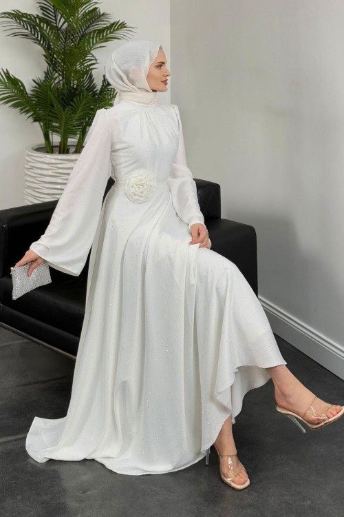 Branca Taşlı Gül Tokalı Abiye Beyaz