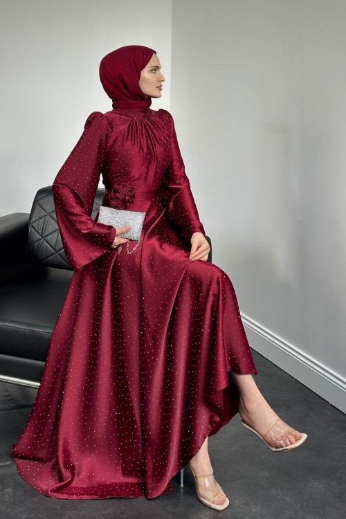 Branca Taşlı Gül Tokalı Abiye Bordo