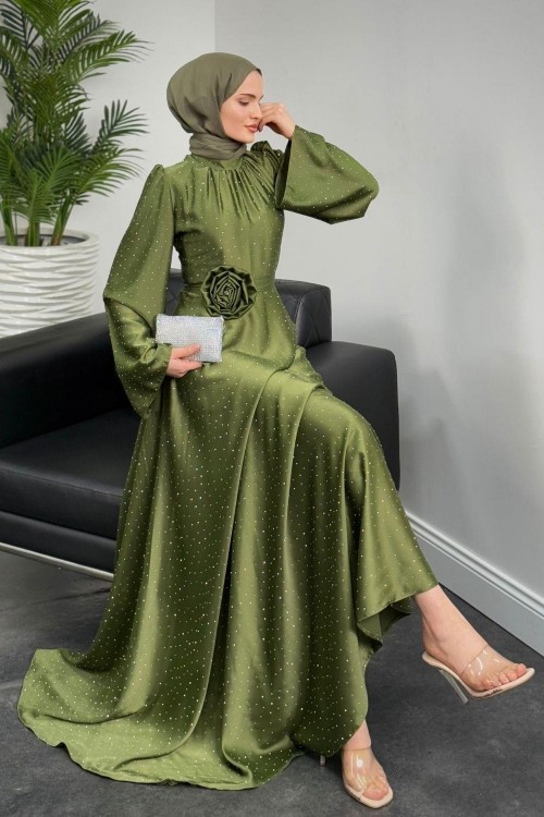 Branca Taşlı Gül Tokalı Abiye Haki