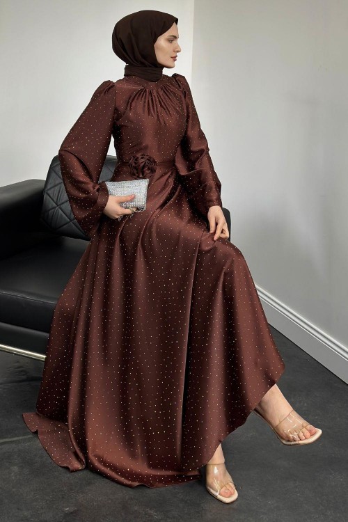 Branca Taşlı Gül Tokalı Abiye Kahverengi