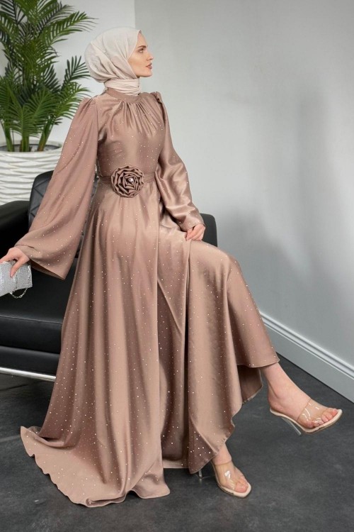 Branca Taşlı Gül Tokalı Abiye Vizon