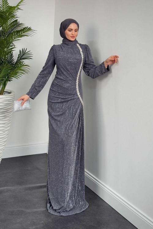 Brice Simli Yandan Taşlı Abiye Füme