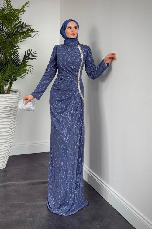 Brice Simli Yandan Taşlı Abiye İndigo