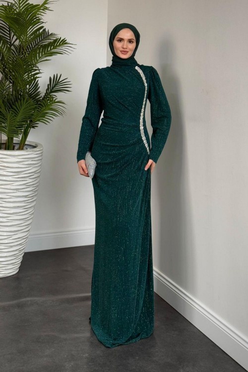 Brice Simli Yandan Taşlı Abiye Zümrüt