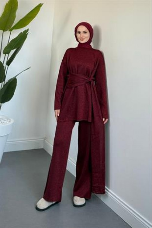 Brillante Yandan Pelerinli Takım Bordo